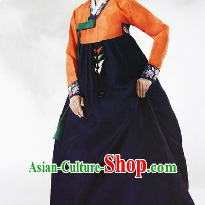 Top Grade Korean Hanbok Ancient Traditional Fashion Apparel Costumes Orange Blouse and Navy Dress for Women