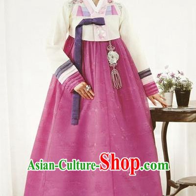 Top Grade Korean Hanbok Ancient Traditional Fashion Apparel Costumes Beige Blouse and Rosy Dress for Women