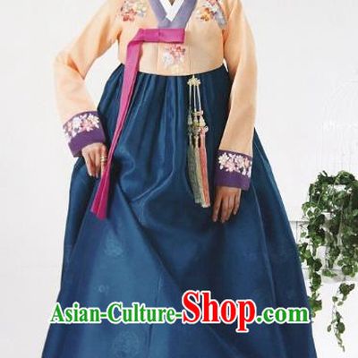 Top Grade Korean Hanbok Ancient Traditional Fashion Apparel Costumes Orange Blouse and Green Dress for Women