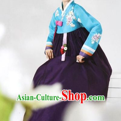 Top Grade Korean Hanbok Ancient Traditional Fashion Apparel Costumes Blue Blouse and Purple Dress for Women