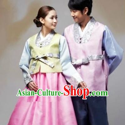 Asian Korean Traditional Wedding Pink Costumes Palace Hanbok Ancient Korean Bride and Bridegroom Costumes Complete Set