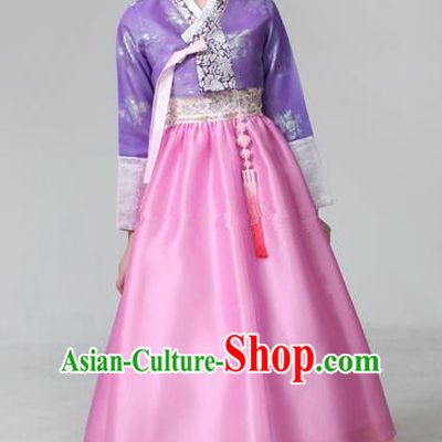 Top Grade Korean Hanbok Ancient Traditional Fashion Apparel Costumes Purple Blouse and Pink Dress for Women