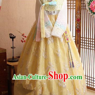 Top Grade Korean Hanbok Ancient Traditional Fashion Apparel Costumes Yellow Lace Blouse and Dress for Women