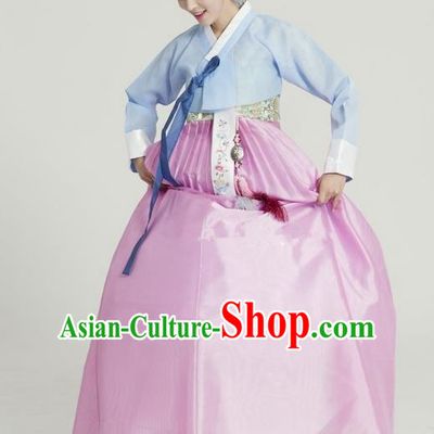 Top Grade Korean Hanbok Ancient Traditional Fashion Apparel Costumes Blue Blouse and Pink Dress for Women