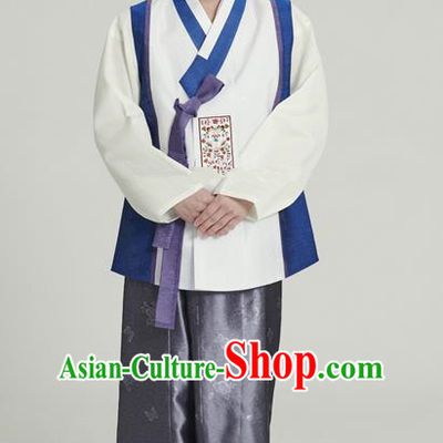 Asian Korean Traditional Costumes Ancient Korean Hanbok Bridegroom White Vest and Grey Pants for Men
