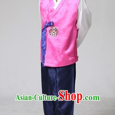 Asian Korean Traditional Costumes Ancient Korean Hanbok Bridegroom Rosy Vest and Navy Pants for Men