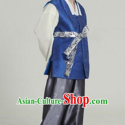 Asian Korean Traditional Costumes Ancient Korean Hanbok Bridegroom Royalblue Vest and Grey Pants for Men