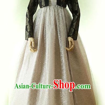 Top Grade Korean Traditional Hanbok Ancient Fashion Apparel Costumes Black Blouse and Grey Dress for Women