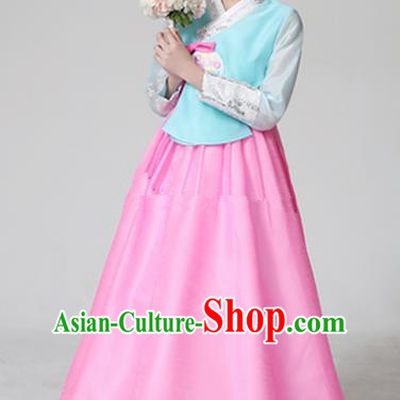 Top Grade Korean Hanbok Ancient Traditional Fashion Apparel Costumes Blue Blouse and Pink Dress for Women