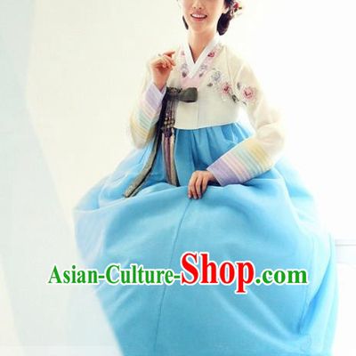 Top Grade Korean Hanbok Ancient Traditional Fashion Apparel Costumes Beige Blouse and Blue Dress for Women