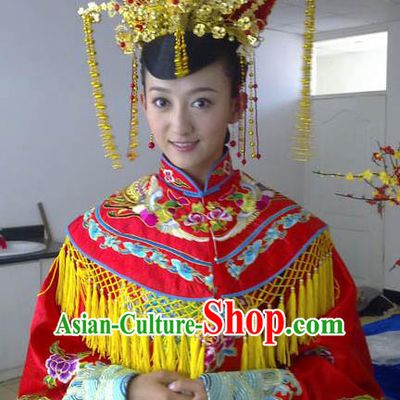 Ancient Chinese Ming Dynasty Wedding Embroidered Dress Costume and Headpiece Complete Set