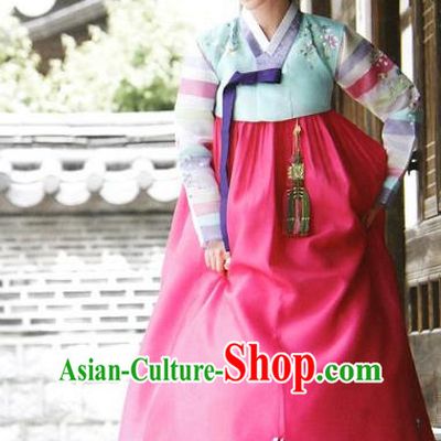Top Grade Korean Hanbok Ancient Traditional Fashion Apparel Costumes Blue Blouse and Rosy Dress for Women