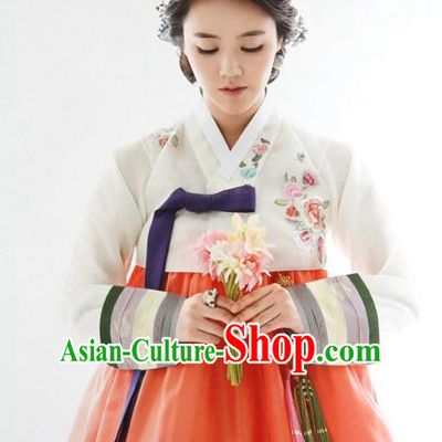 Top Grade Korean Hanbok Ancient Traditional Fashion Apparel Costumes White Blouse and Orange Dress for Women
