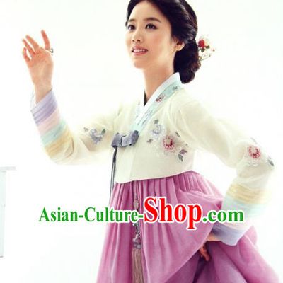 Top Grade Korean Hanbok Ancient Traditional Fashion Apparel Costumes Beige Blouse and Lilac Dress for Women