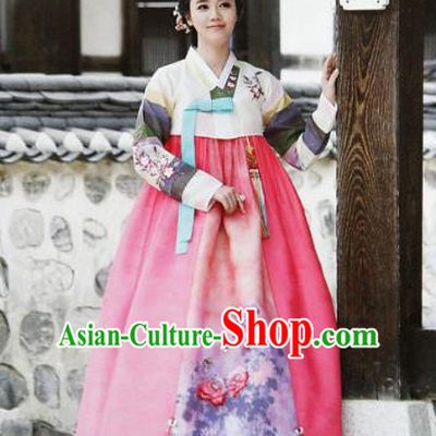 Top Grade Korean Hanbok Ancient Traditional Fashion Apparel Costumes White Blouse and Pink Dress for Women