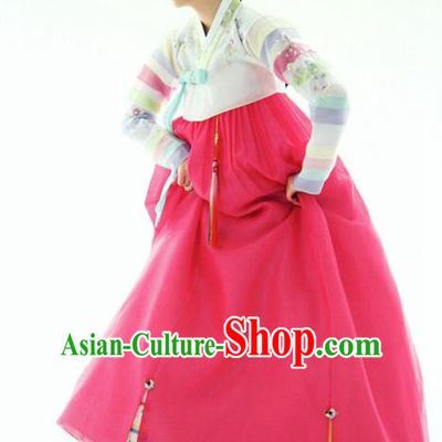 Top Grade Korean Hanbok Ancient Traditional Fashion Apparel Costumes White Blouse and Rosy Dress for Women