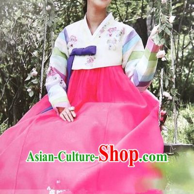 Top Grade Korean Hanbok Ancient Traditional Fashion Apparel Costumes Bride Blouse and Rosy Dress for Women