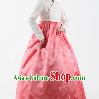 Top Grade Korean Hanbok Ancient Traditional Fashion Apparel Costumes White Lace Blouse and Pink Dress for Women