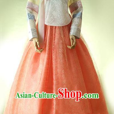 Top Grade Korean Hanbok Ancient Traditional Fashion Apparel Costumes White Lace Blouse and Orange Dress for Women