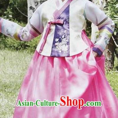 Top Grade Korean Hanbok Ancient Traditional Fashion Apparel Costumes White Blouse and Rosy Dress for Women
