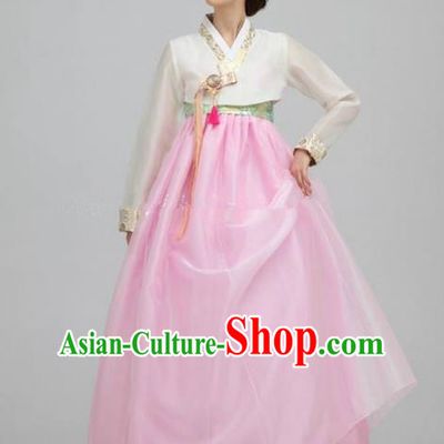 Top Grade Korean Traditional Hanbok Ancient Fashion Apparel Costumes White Blouse and Pink Dress for Women