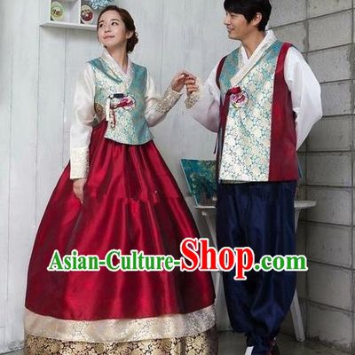 Asian Korean Traditional Costumes Ancient Korean Hanbok Bride and Bridegroom Wedding Costumes Complete Set