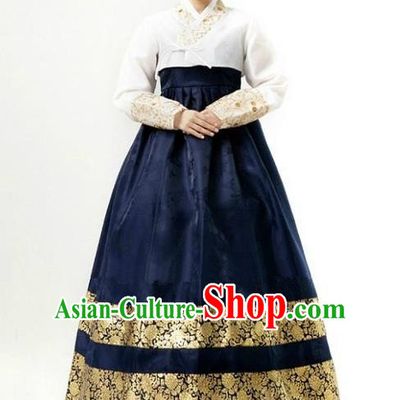Top Grade Korean Hanbok Ancient Traditional Fashion Apparel Costumes White Blouse and Navy Dress for Women