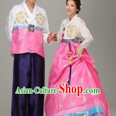 Asian Korean Traditional Costumes Ancient Korean Pink Hanbok Bride and Bridegroom Wedding Costumes Complete Set