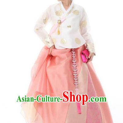 Top Grade Korean Hanbok Ancient Traditional Fashion Apparel Costumes White Blouse and Pink Dress for Women