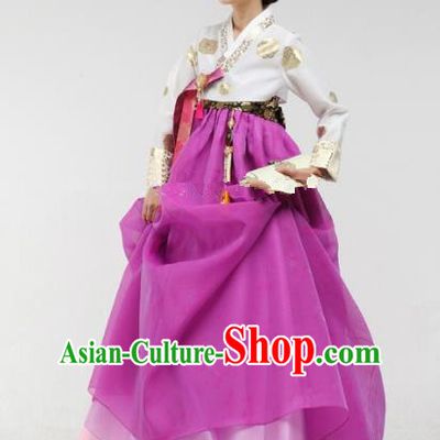 Top Grade Korean Hanbok Ancient Traditional Fashion Apparel Costumes White Blouse and Purple Dress for Women