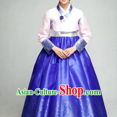 Top Grade Korean Hanbok Ancient Traditional Fashion Apparel Costumes Pink Blouse and Blue Dress for Women