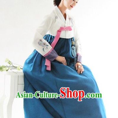 Top Grade Korean Hanbok White Blouse and Blue Dress Ancient Traditional Fashion Apparel Costumes for Women
