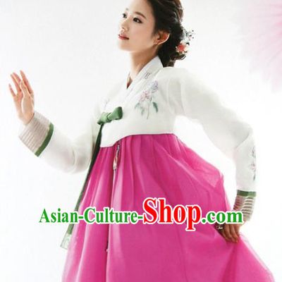 Top Grade Korean Hanbok White Blouse and Rosy Dress Ancient Traditional Fashion Apparel Costumes for Women
