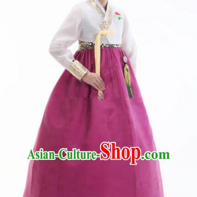 Top Grade Korean Hanbok White Blouse and Purple Dress Ancient Traditional Fashion Apparel Costumes for Women