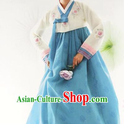 Top Grade Korean Hanbok White Blouse and Blue Dress Ancient Traditional Fashion Apparel Costumes for Women