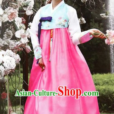 Top Grade Korean Hanbok Blue Blouse and Pink Dress Ancient Traditional Fashion Apparel Costumes for Women
