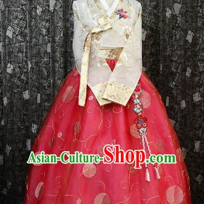 Korean Traditional Hanbok White Blouse and Red Dress Ancient Fashion Apparel Costumes for Women