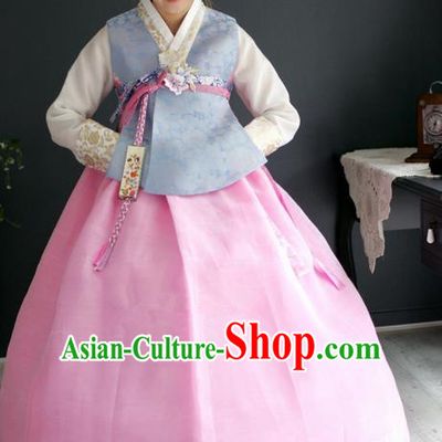 Korean Traditional Hanbok Blue Blouse and Pink Dress Ancient Fashion Apparel Costumes for Women