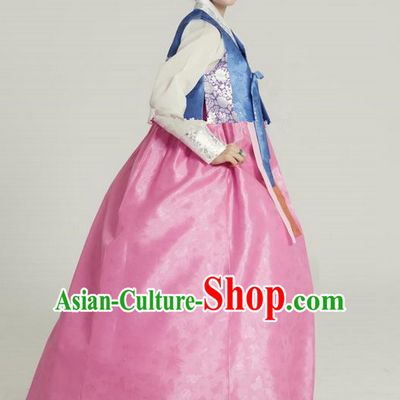 Korean Traditional Hanbok Blue Blouse and Pink Dress Ancient Formal Occasions Fashion Apparel Costumes for Women