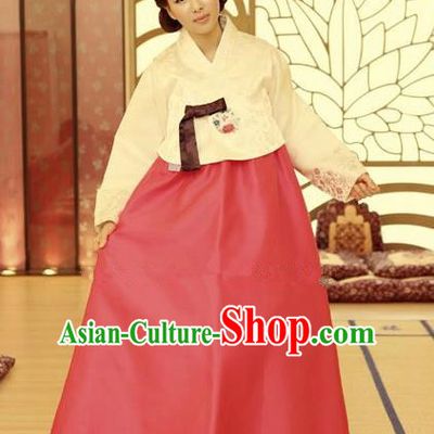 Korean Traditional Hanbok White Blouse and Red Dress Ancient Formal Occasions Fashion Apparel Costumes for Women
