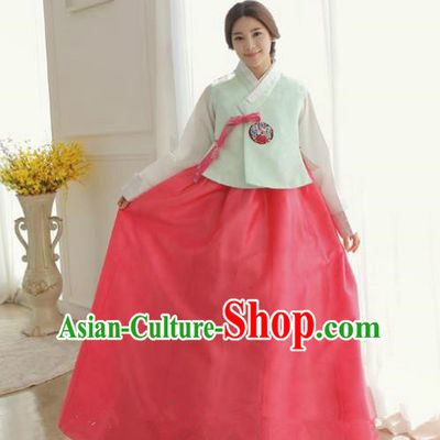 Korean Traditional Hanbok Green Blouse and Red Dress Ancient Formal Occasions Fashion Apparel Costumes for Women