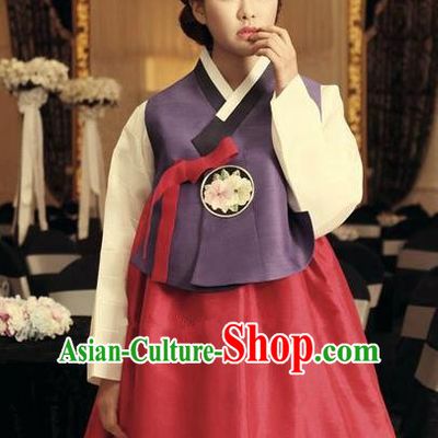 Korean Traditional Hanbok Purple Blouse and Red Dress Ancient Formal Occasions Fashion Apparel Costumes for Women