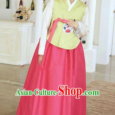 Korean Traditional Hanbok Green Blouse and Rosy Dress Ancient Formal Occasions Fashion Apparel Costumes for Women