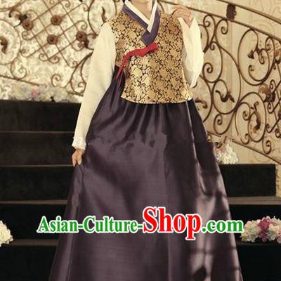 Korean Traditional Hanbok Blouse and Deep Purple Dress Ancient Formal Occasions Fashion Apparel Costumes for Women