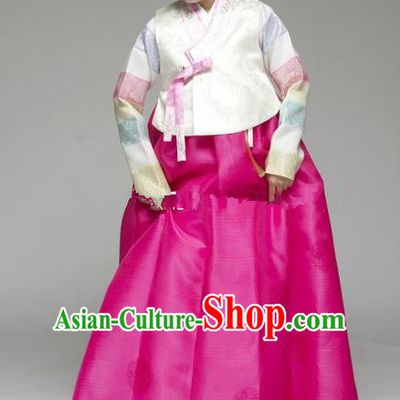 Korean Traditional Hanbok White Blouse and Rosy Dress Ancient Formal Occasions Fashion Apparel Costumes for Women