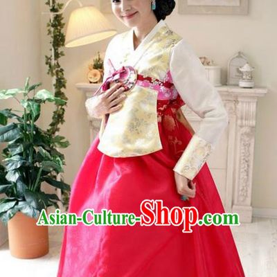 Korean Traditional Hanbok Yellow Blouse and Rosy Dress Ancient Formal Occasions Fashion Apparel Costumes for Women