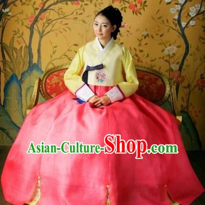 Korean Traditional Hanbok Bride Yellow Blouse and Red Dress Ancient Formal Occasions Fashion Apparel Costumes for Women