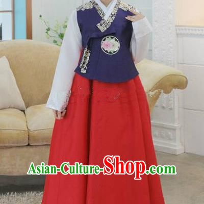 Korean Traditional Hanbok Bride Purple Blouse and Red Dress Ancient Formal Occasions Fashion Apparel Costumes for Women