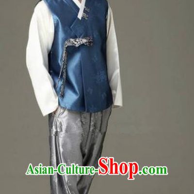 Traditional Korean Costumes Ancient Korean Male Hanbok Bridegroom Costume Blue Vest and Grey Pants for Men