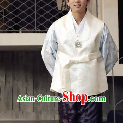 Traditional Korean Costumes Ancient Korean Male Hanbok Bridegroom Costume White Vest and Purple Pants for Men